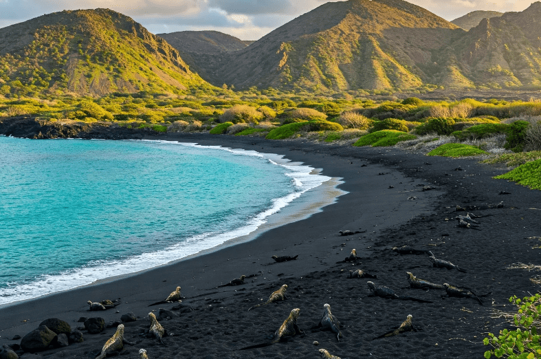 Marine iguanas rest on a black sand beach beside turquoise water, with lush green hills and volcanic mountains in the background under a partly cloudy sky—one of the prettiest beaches in the world.