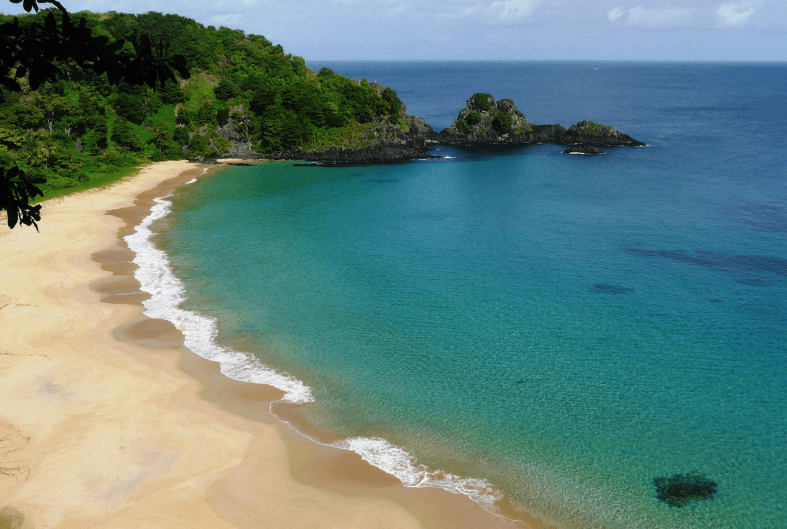A secluded beach with golden sand and clear turquoise water, bordered by lush green trees and rocky cliffs under a partly cloudy sky—truly one of the prettiest beaches in the world.
