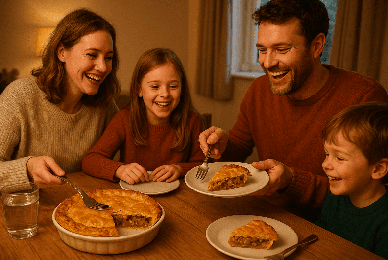 A smiling family of four sits at a table, serving and enjoying a homemade pie together—a common food in England. The warm, cozy lighting creates a happy, inviting atmosphere.