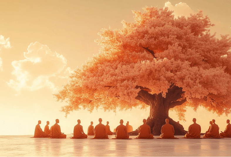 A group of monks in orange robes sit in meditation beneath a large, pink-blossomed tree, surrounded by soft golden light—evoking the peaceful ambiance found at Yoga Retreats in Costa Rica under tranquil skies.