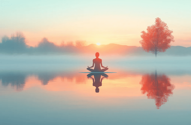 A person practices yoga in a seated meditation pose on a mat by a calm lake at sunrise, surrounded by mist, reminiscent of peaceful mornings at Yoga Retreats in Costa Rica, with a tree and distant hills reflected in the water.