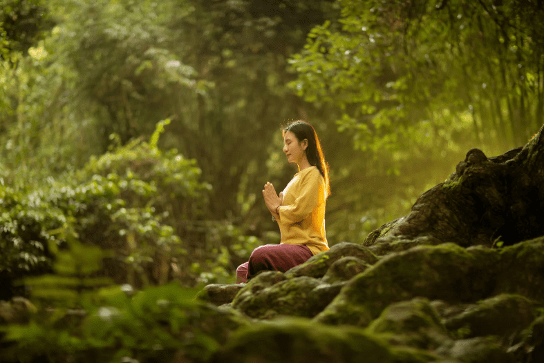 A woman sits cross-legged on mossy rocks in a forest, hands together in meditation, surrounded by lush greenery and soft sunlight—an idyllic scene reminiscent of Yoga Retreats in Costa Rica.