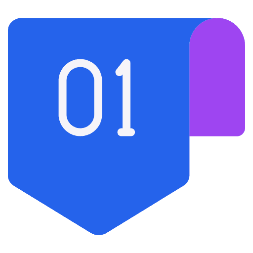 Blue and purple badge with the number 01 displayed prominently on a flat background.