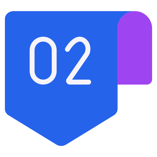 Blue and purple badge with the number 02 displayed prominently on a flat background.