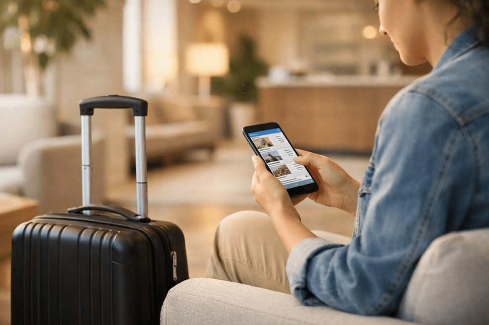 Person using a smartphone while sitting next to a black wheeled suitcase in a modern indoor setting.